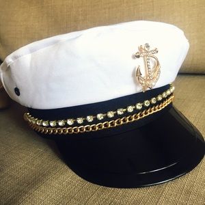 White Sailor Captain Hat with Jewels & Anchor